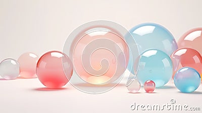 3D multi-coloured spheres of different sizes and transparency. Pastel colour palette. Abstract background. Generative AI Stock Photo