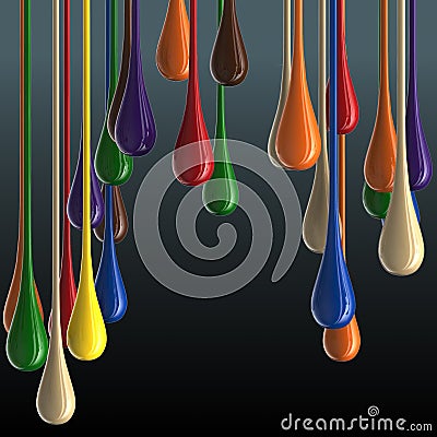 3D multicolor glossy paint drop blobs on black background Stock Photo