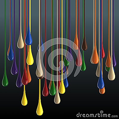 3D multicolor glossy paint drop blobs on black background Stock Photo