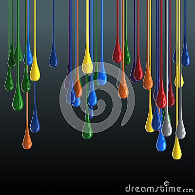 3D multicolor glossy paint drop blobs on black background Stock Photo