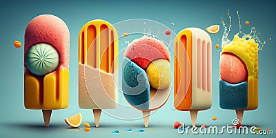 3D multiple types of ice cream stick fruit Generative AI Stock Photo