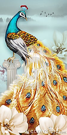 3d mural art peacock with golden flowers and classic background . paint illustration art with flowers , decorative and golden Jew Cartoon Illustration