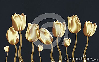 3d mural art wallpaper . golden flowers and modern wavy lines in dark background . for interior home decor Stock Photo