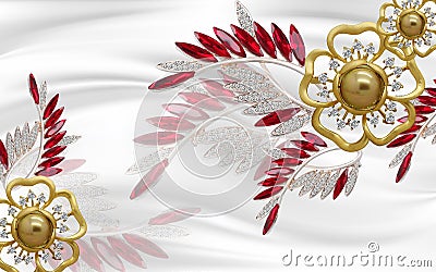 3d golden mural background with flowers , pearl , Jewelery , circles and butterfly . marble and capitone wallpaper Stock Photo