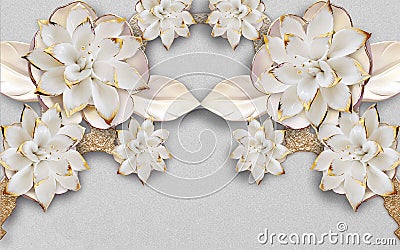 3d golden mural background with flowers , pearl , Jewelery , circles and butterfly . marble and capitone wallpaper Stock Photo