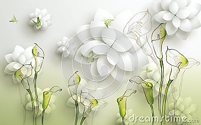 3d golden mural background with flowers , pearl , Jewelery , circles and butterfly . marble and capitone wallpaper Stock Photo