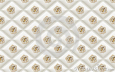 3d golden mural background with flowers , pearl , Jewelery , circles and butterfly . marble and capitone wallpaper Stock Photo