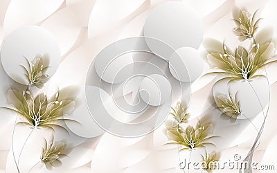 3d golden mural background with flowers , pearl , Jewelery , circles and butterfly . marble and capitone wallpaper Stock Photo