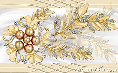 3d golden mural background with flowers , pearl , Jewelery , circles and butterfly . marble and capitone wallpaper Stock Photo