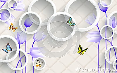 3d mural background with flowers , pearl , Jewelery , circles and butterfly . marble and capitone wallpaper Stock Photo