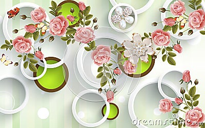 3d mural background with flowers , pearl , Jewelery , circles and butterfly . marble and capitone wallpaper Stock Photo