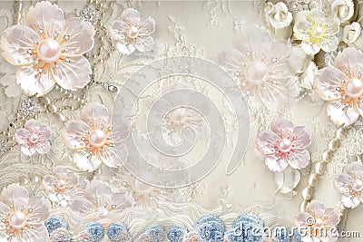 3d mural background with flowers , pearl , Jewelery , circles and butterfly . marble and capitone wallpaper Stock Photo