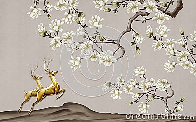 3d mural background lights simple wallpaper. Tree branches flowers floral background with flowers, golden deer and mountains for Stock Photo