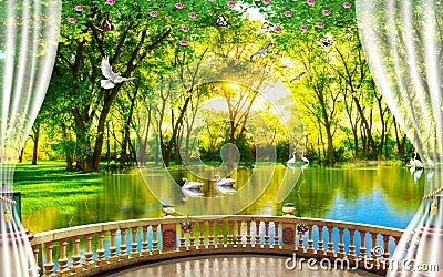 3d mural wallpaper palace with garden and flowers landscape . colored Air balloons in the sky . suitable for Childrens wallpaper3d Stock Photo