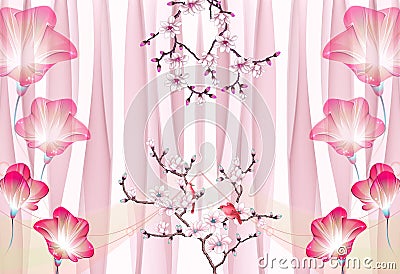 3d mural branches and flowers with golden butterfly . wallpaper rose background Stock Photo