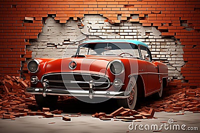 3D mural Broken wall, bricks, classic red car, world map Stock Photo