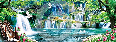 3d mural colorful landscape . flowers branches multi colors with trees and water . Waterfall and flying birds . suitable for print Cartoon Illustration