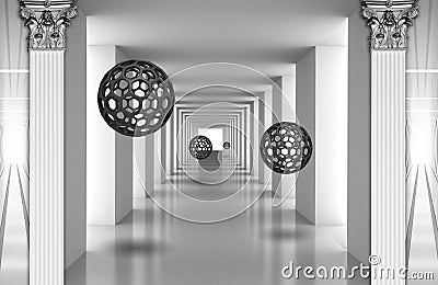 3d mural digital illustration silver tunnel with sphere and columns . modern rendering gray interior wallpaper Cartoon Illustration