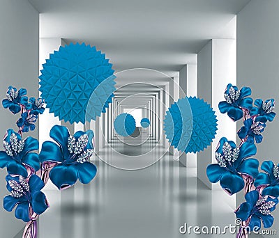 3d mural digital illustration silver tunnel with sphere and flowers . modern rendering gray interior wallpaper . Cartoon Illustration