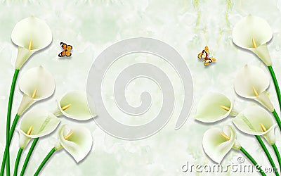 3d mural illustration background with golden pearl jewelry , butterfly and flowers , circles decorative art wallpaper Cartoon Illustration