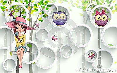 3d mural illustration background for kids room with cute girl Stock Photo