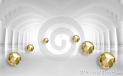 3d mural Illustration of 3D crystal golden ball in empty expand room gray rendering background Stock Photo