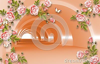 3d mural illustration empty space background with branches flowers , decorative wallpaper Cartoon Illustration