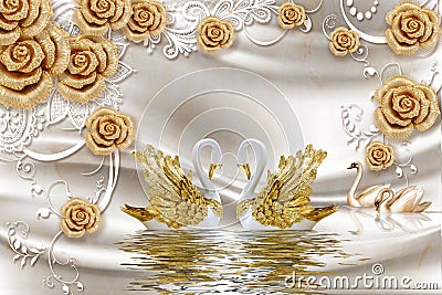 3d mural illustration Golden swan in water with decorative floral background Jewelery, 3d ball Cartoon Illustration