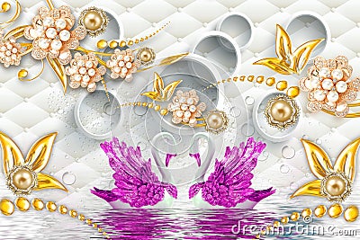 3d mural illustration Golden swan on water with decorative floral background Jewelery, 3d ball Cartoon Illustration