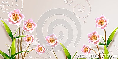 3d mural illustration light gray background with golden jewelry and flowers with silhouettes of dandelions , pearl , butterfly , g Cartoon Illustration