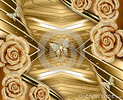 3d mural illustration wallpaper with golden jewelry and flowers . leather background Cartoon Illustration