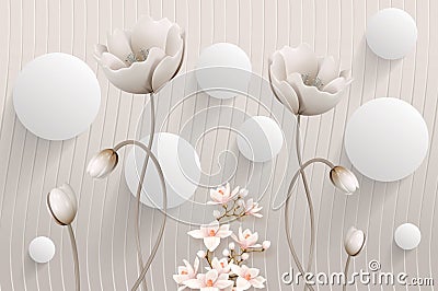 3d mural Illustration of White flower decorative on gray waves wall background 3D wallpaper. 3d white ball le Cartoon Illustration