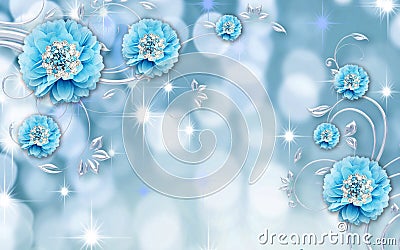 3d mural light blue wallpaper with diamonds and flowers with silver branches and light modern background Stock Photo