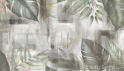 3d mural modern wallpaper. Hand-drawn tropical leaves, drawing. light simple floral paint background, retro pattern shapes Stock Photo