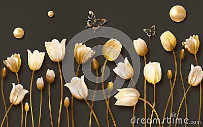 3d mural tulip flowers with golden butterfly and pearl in dark background Stock Photo