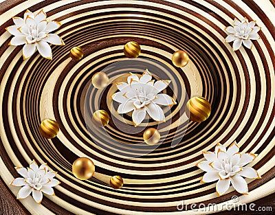 3d mural for wall . Illustration swirl with golden sphere and white flowers . Stock Photo
