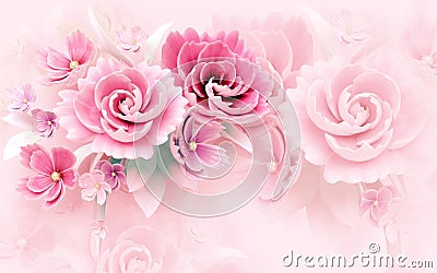 3d mural wallpaper abstract background with rose and white and flowers Stock Photo