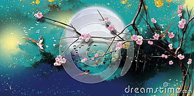 3d mural wallpaper abstract with dark background . colored butterfly with flower branches tree and moon Stock Photo