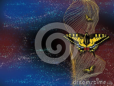 3d mural wallpaper abstract with dark background . colored butterfly and waves line Stock Photo