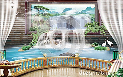 3d mural wallpaper Beautiful view of landscape background from the old arches, tree, sun, water , birds flowers and transparent cu Stock Photo