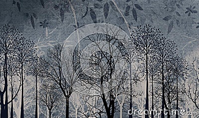 3d mural wallpaper. black and ligh simple trees in dark floral background. interior home decor Stock Photo