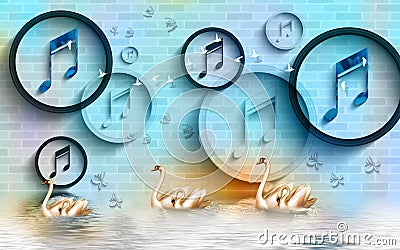 3d mural wallpaper with circles and rings Musical signs on bricks wall background . golden swan in water, birds and flower Stock Photo