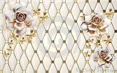 3d mural wallpaper design with flowers, butterflies and golden geometric lines Stock Photo
