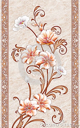 3d mural wallpaper flowers branches , butterfly , birds .Suitable for use on a wall frame Stock Photo