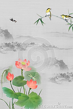 3d mural wallpaper flowers branches , butterfly , birds .Suitable for use on a wall frame Stock Photo