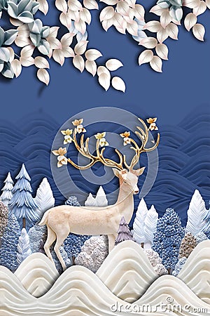 3d mural wallpaper . flowers branches, deer butterfly and clouds. Antelope . birds ,mountain, tree , sun in background . Suitabl Stock Photo