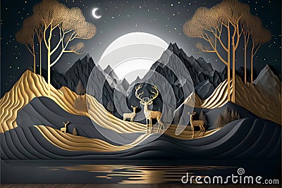 3d mural wallpaper with gray background golden mountains and a white moon. golden tree deer with antlers and . flat modern backgro Stock Photo