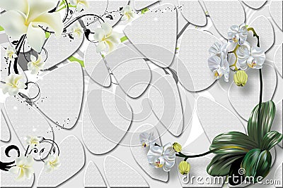 3d mural wallpaper gray stone background . with flower branches Stock Photo