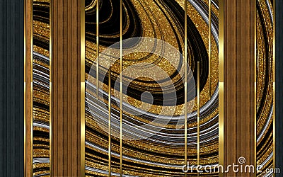 3d mural wallpaper. Modern wall decor abstract, golden lines, and marble and wooden and black shapes Cartoon Illustration