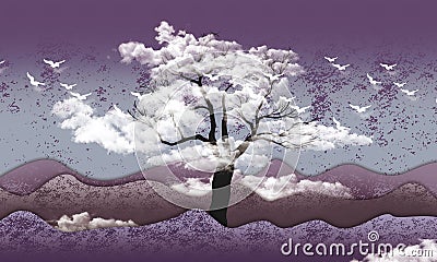 3d mural wallpaper . mountain , white birds in sky with black tree in clouds . light purple background Stock Photo